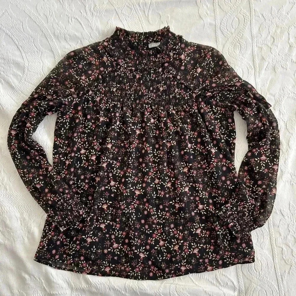 Daniel Rainn Black Floral Metallic Long Sleeve Sheer Layered Blouse Size PS - Picture 12 of 13